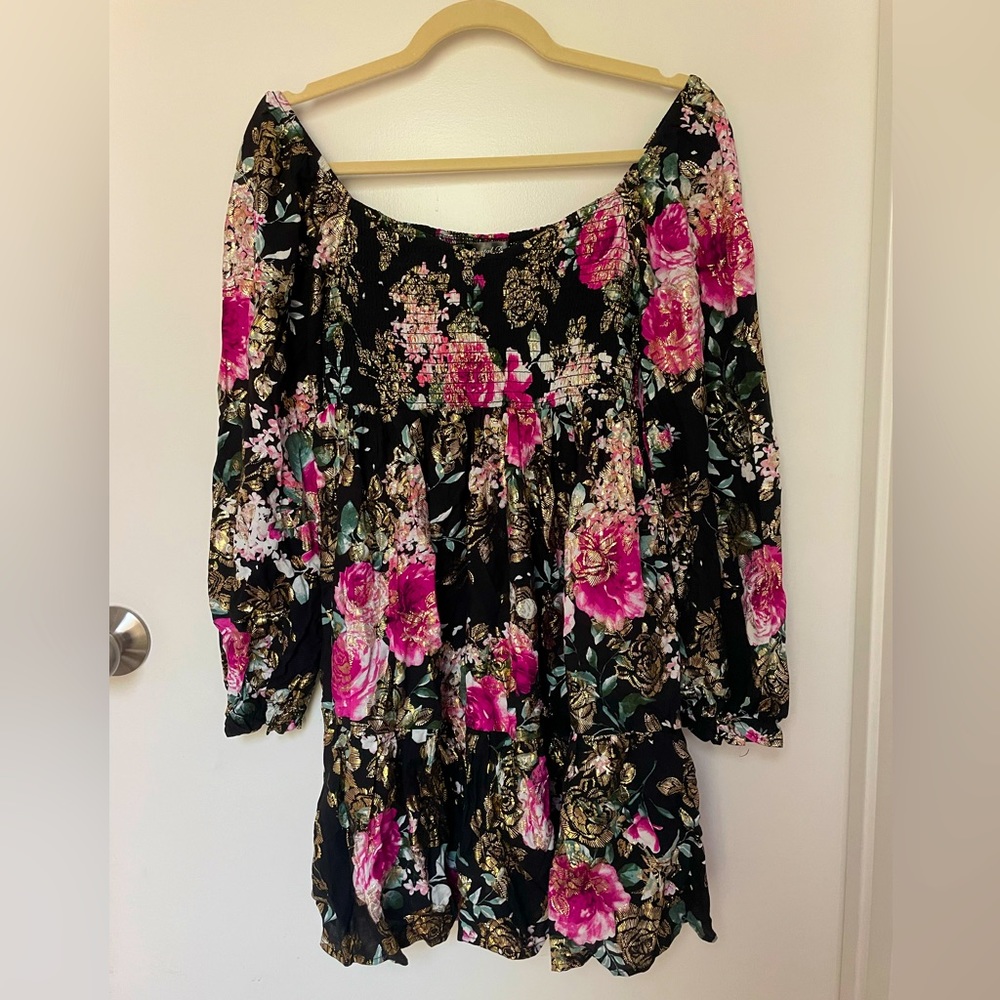 Crystal Doll black off-shoulder short dress with pink & gold floral print